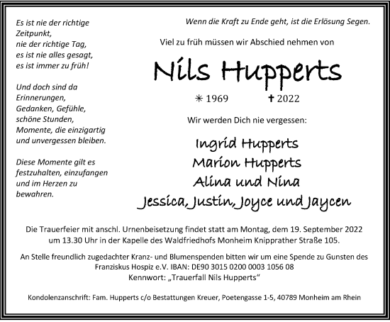 Traueranzeige von Nils Hupperts von WVW Anzeigenblätter