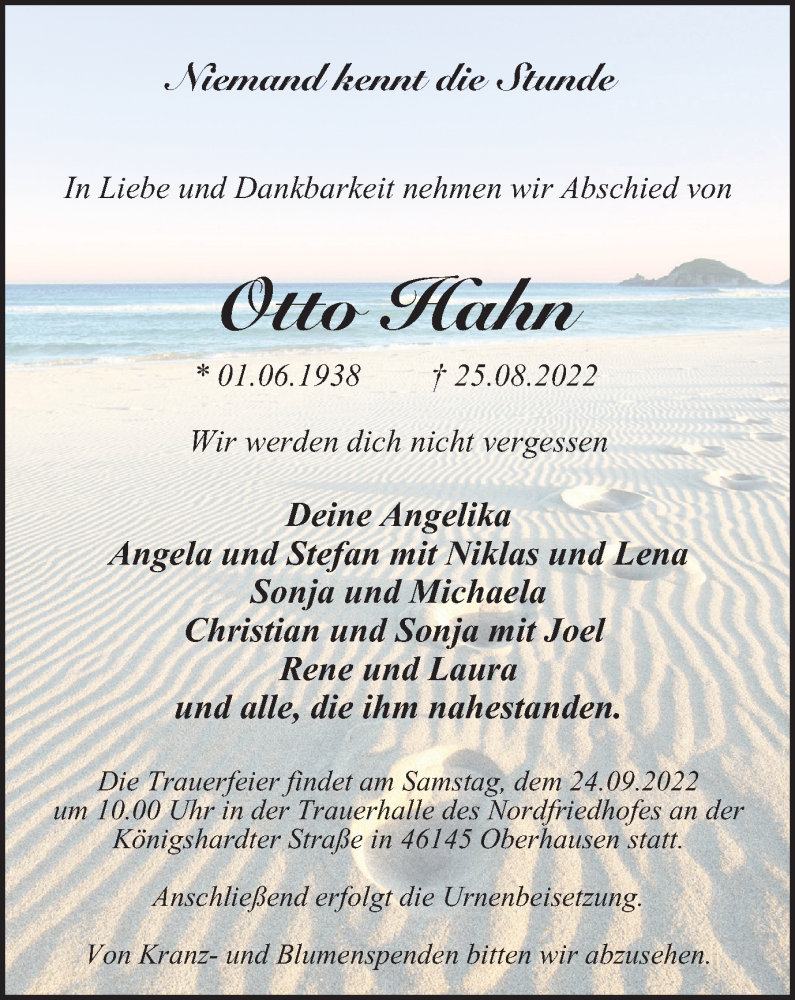  Traueranzeige für Otto Hahn vom 17.09.2022 aus WVW Anzeigenblätter