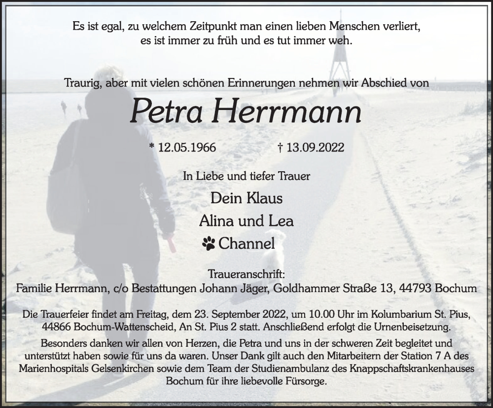  Traueranzeige für Petra Herrmann vom 17.09.2022 aus WVW Anzeigenblätter