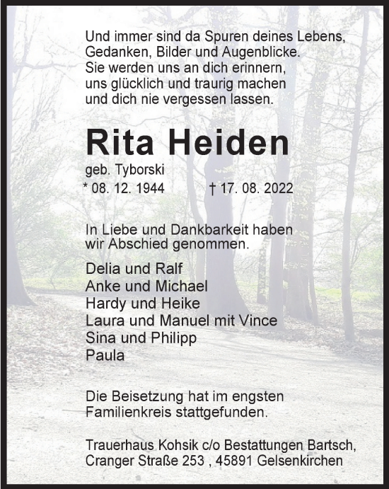 Traueranzeige von Rita Heiden von WVW Anzeigenblätter