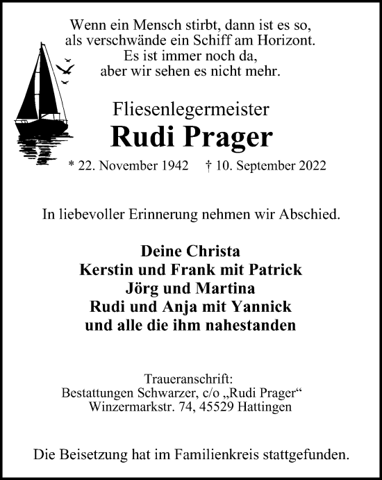 Traueranzeige von Rudi Prager von WVW Anzeigenblätter
