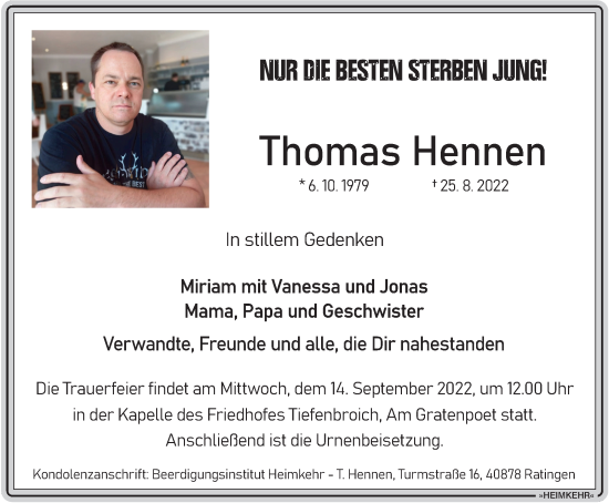 Traueranzeige von Thomas Hennen von WVW Anzeigenblätter