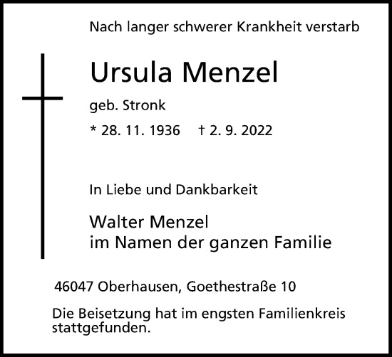 Traueranzeige von Ursula Menzel von WVW Anzeigenblätter