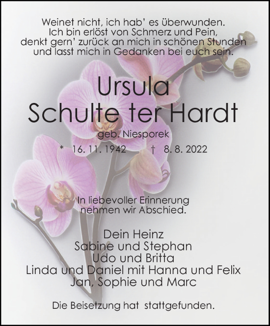 Traueranzeige von Ursula Schulte ter Hardt von WVW Anzeigenblätter