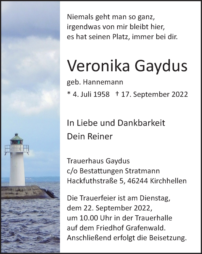  Traueranzeige für Veronika Gaydus vom 24.09.2022 aus WVW Anzeigenblätter