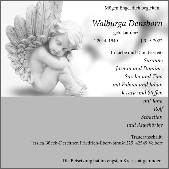 Traueranzeige von Walburga Densborn von WVW Anzeigenblätter