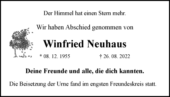 Traueranzeige von Winfried Neuhaus von WVW Anzeigenblätter
