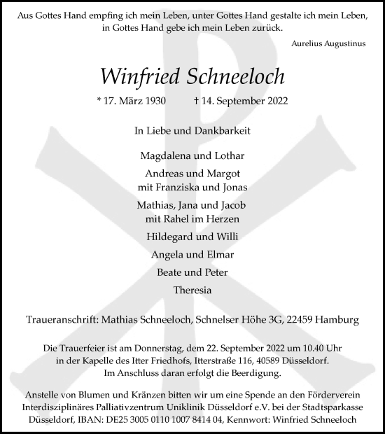 Traueranzeige von Winfried Schneeloch von WVW Anzeigenblätter