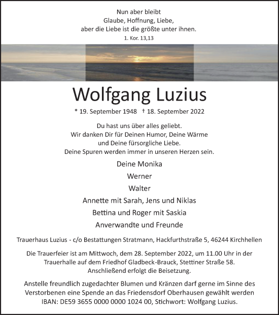 Traueranzeige von Wolfgang Luzius von WVW Anzeigenblätter