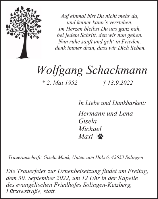 Traueranzeige von Wolfgang Schackmann von WVW Anzeigenblätter