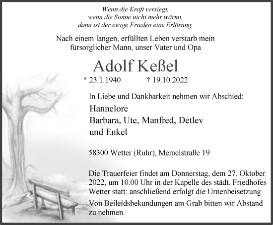 Traueranzeige von Adolf Keßel von Tageszeitung