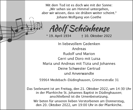 Traueranzeige von Adolf Schönhense von Tageszeitung