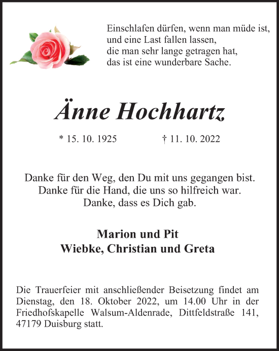 Traueranzeige von Änne Hochhartz von Tageszeitung