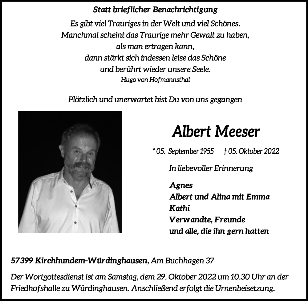  Traueranzeige für Albert Meeser vom 25.10.2022 aus Tageszeitung