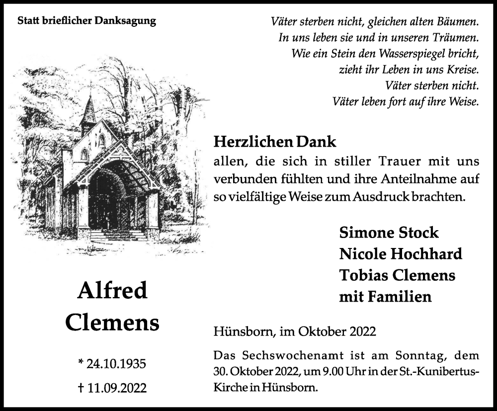  Traueranzeige für Alfred Clemens vom 25.10.2022 aus Tageszeitung