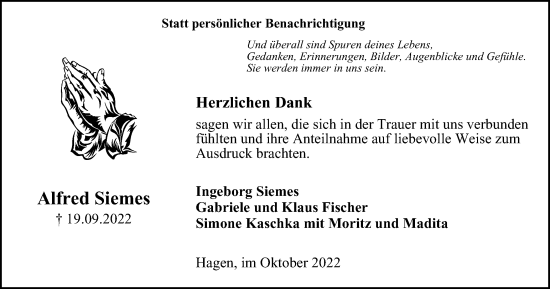 Traueranzeige von Alfred Siemes von Tageszeitung