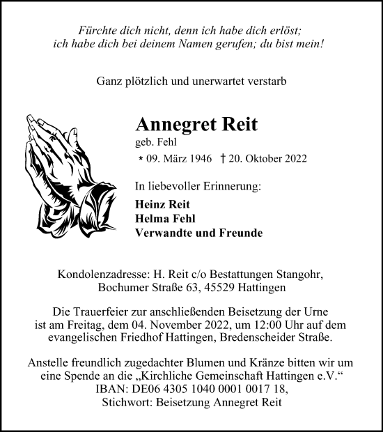 Traueranzeige von Annegret Reit von Tageszeitung