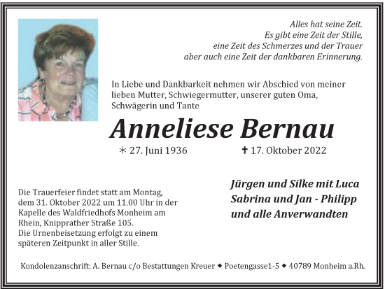 Traueranzeige von Anneliese Bernau von Tageszeitung