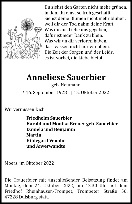 Traueranzeige von Anneliese Sauerbier von Tageszeitung