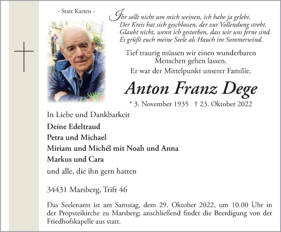 Traueranzeige von Anton Franz Dege von Tageszeitung