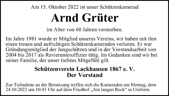 Traueranzeige von Arnd Grüter von Tageszeitung