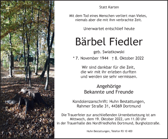 Traueranzeige von Bärbel Fiedler von Tageszeitung