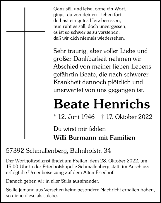 Traueranzeige von Beate Henrichs von Tageszeitung
