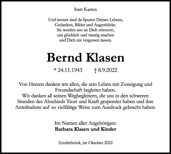 Traueranzeige von Bernd Klasen von Tageszeitung
