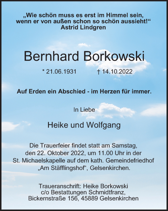 Traueranzeige von Bernhard Borkowski von Tageszeitung
