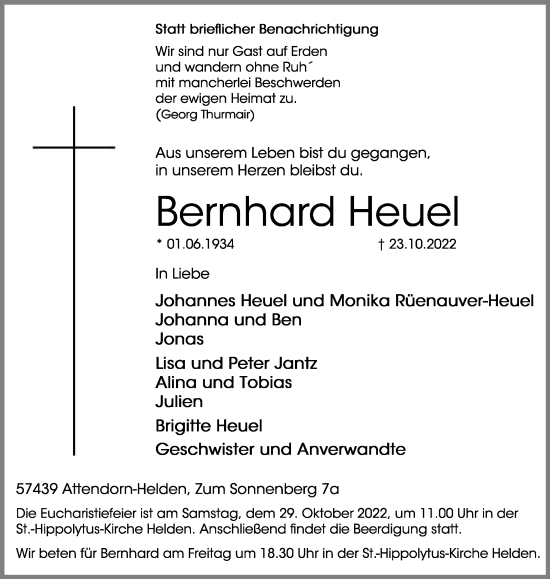 Traueranzeige von Bernhard Heuel von Tageszeitung