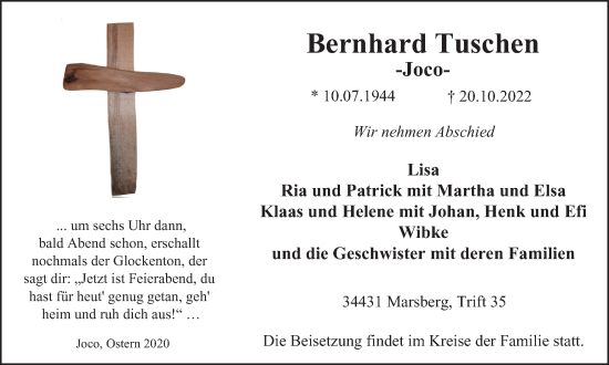 Traueranzeige von Bernhard Tuschen von Tageszeitung