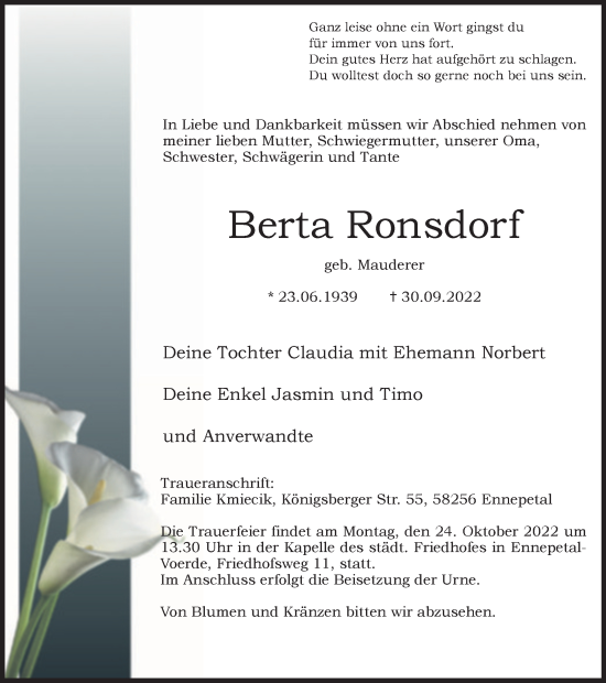 Traueranzeige von Berta Ronsdorf von Tageszeitung