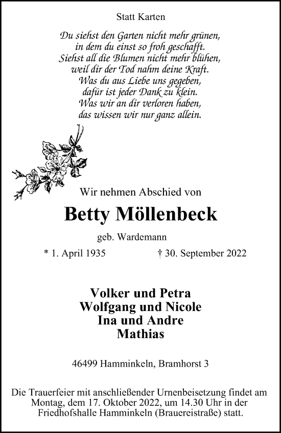 Traueranzeige von Betty Möllenbeck von Anzeigenblätter/Lokalkompass