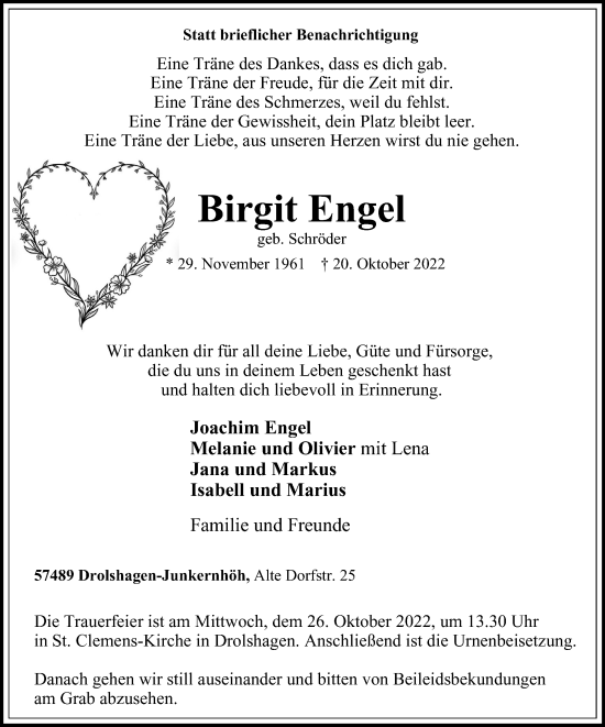 Traueranzeige von Birgit Engel von Tageszeitung