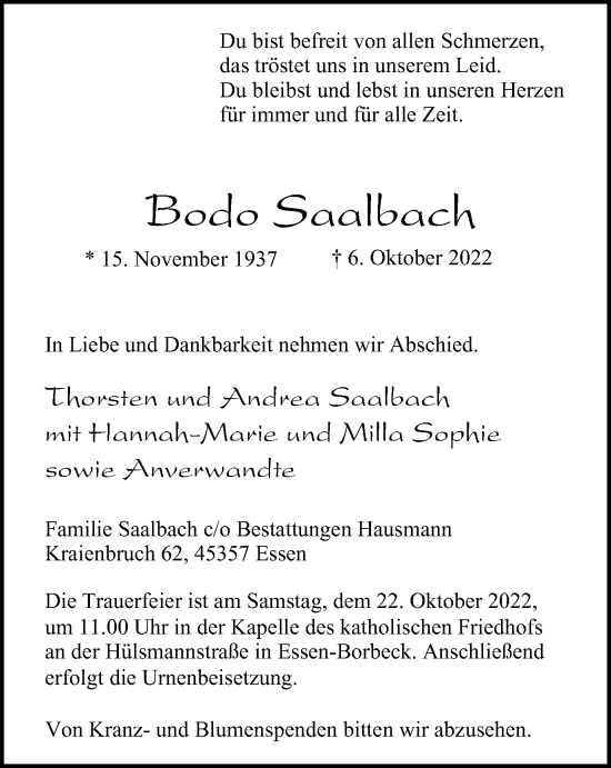 Traueranzeige von Bodo Saalbach von Tageszeitung