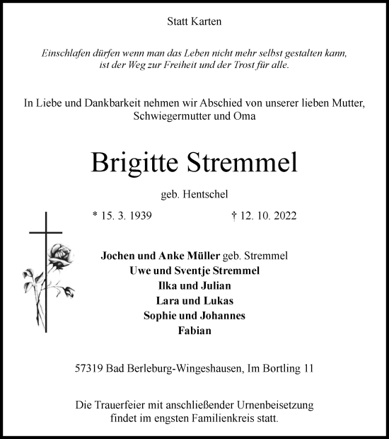 Traueranzeige von Brigitte Stremmel von Tageszeitung