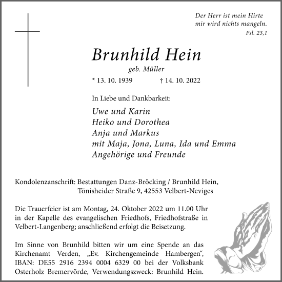 Traueranzeige von Brunhild Hein von Tageszeitung