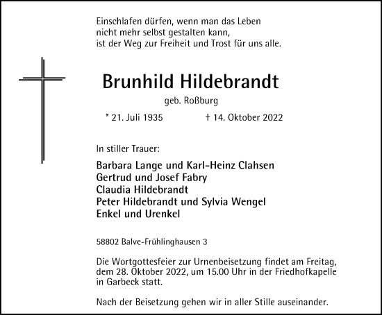 Traueranzeige von Brunhild Hildebrandt von Tageszeitung
