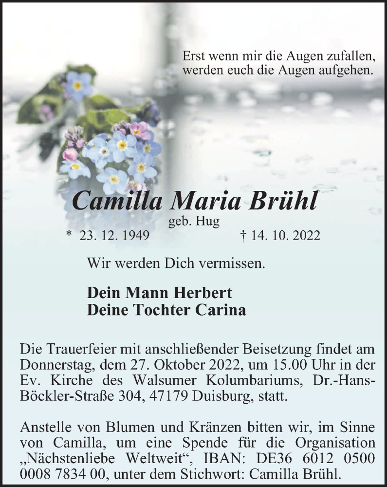  Traueranzeige für Camilla Maria Brühl vom 22.10.2022 aus Tageszeitung