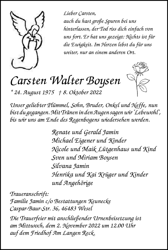 Traueranzeige von Carsten Walter Boysen von Tageszeitung