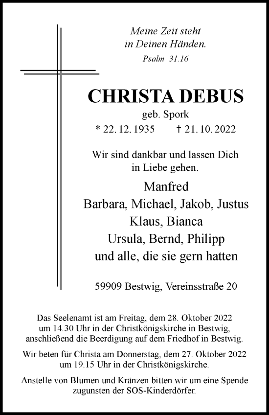 Traueranzeige von Christa Debus von Tageszeitung