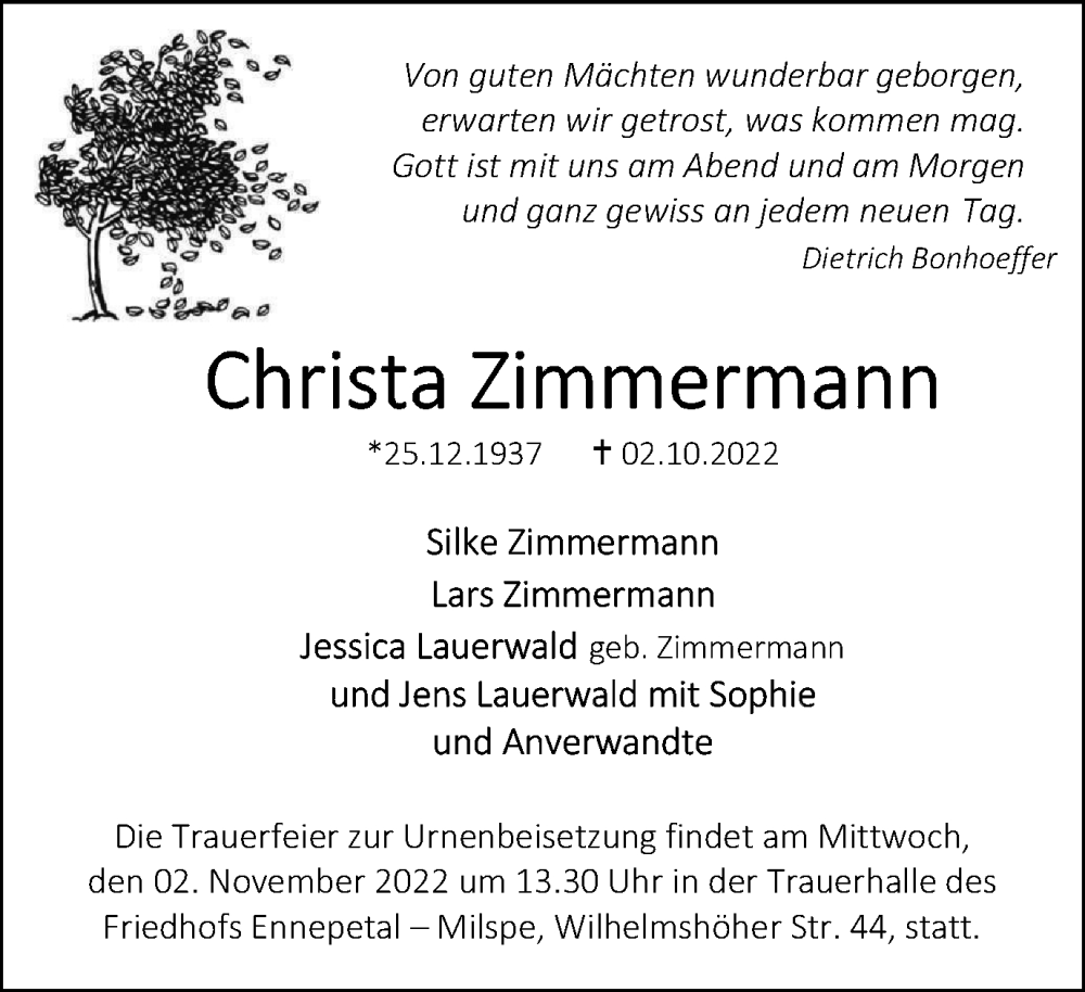  Traueranzeige für Christa Zimmermann vom 22.10.2022 aus Tageszeitung