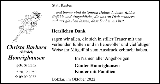 Traueranzeige von Christa Barbara Homrighausen von Tageszeitung