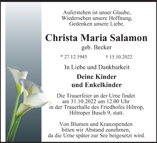 Traueranzeige von Christa Maria Salamon von Tageszeitung