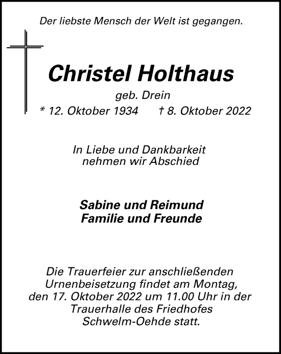 Traueranzeige von Christel Holthaus von Tageszeitung