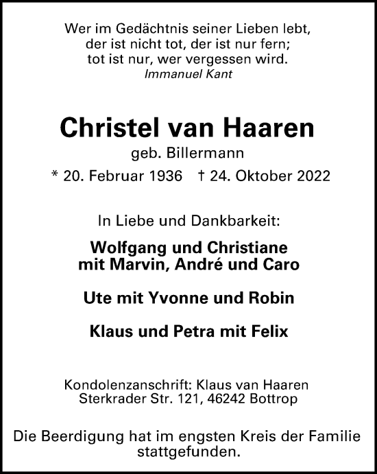 Traueranzeige von Christel van Haaren von Tageszeitung