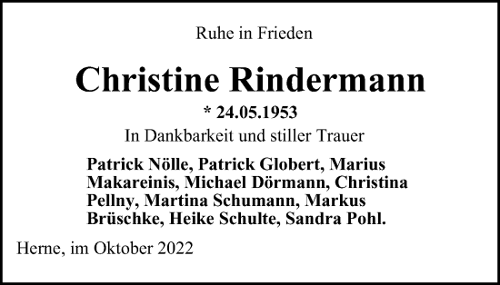 Traueranzeige von Christine Rindermann von Tageszeitung