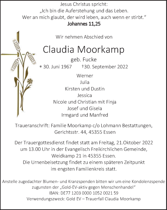 Traueranzeige von Claudia Moorkamp von Tageszeitung