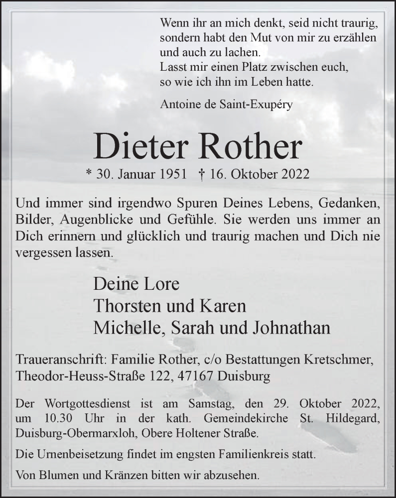  Traueranzeige für Dieter Rother vom 22.10.2022 aus Tageszeitung