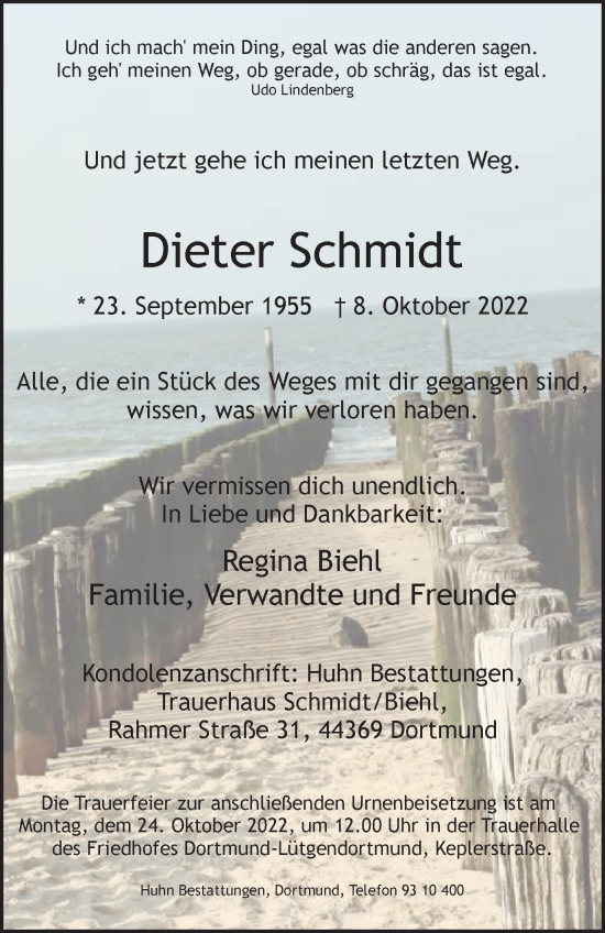Traueranzeige von Dieter Schmidt von Tageszeitung